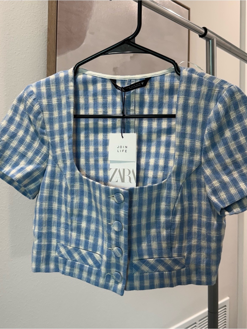 Zara Blue and White Gingham Cropped Button Top